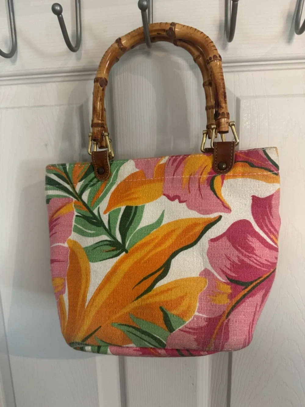 Tropical Floral Canvas Tote with Bamboo Handles - Pink & Orange - Picture 4 of 8